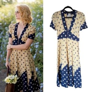 Jeff Banks Yellow and Blue Vintage 70s Dress • 40s Revival • Deep V Midi • SZ XS